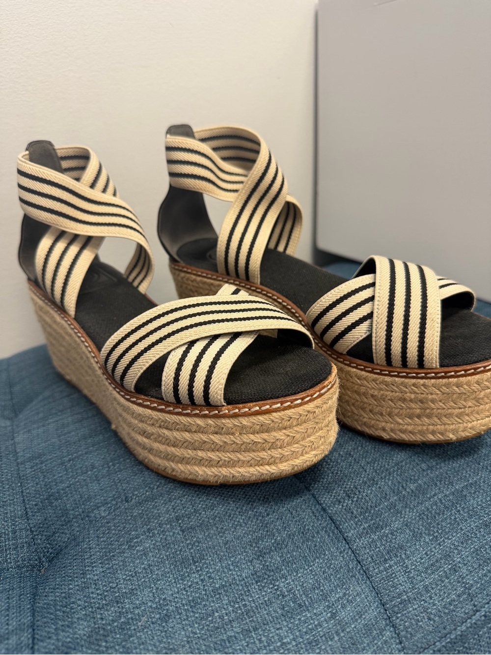 Tory Burch Black and Cream Striped Espadrille Platform Sandals